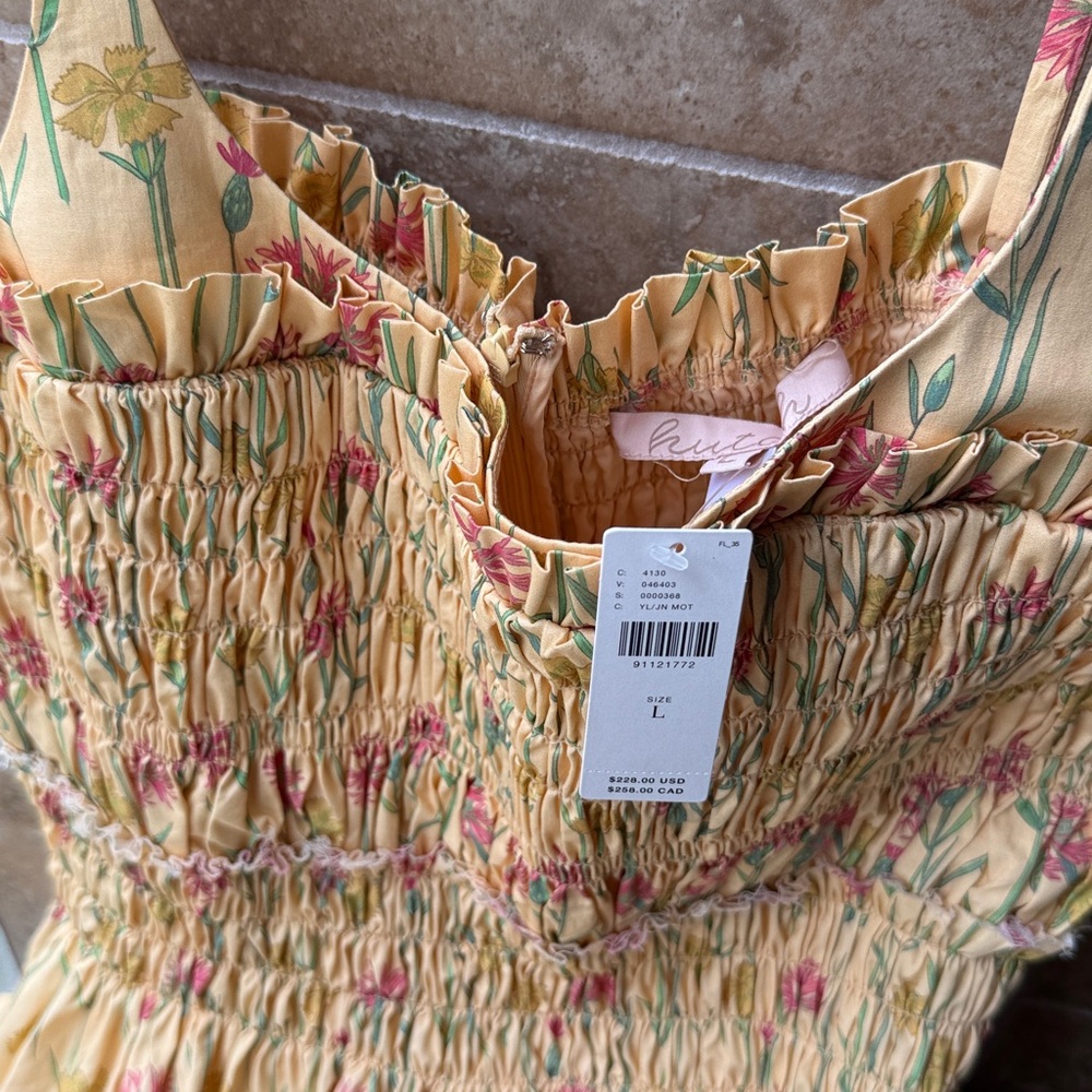 Anthropologie Hutch Sleeveless Smocked Midi Dress Gold Floral Ruffles Pockets L - Picture 7 of 16